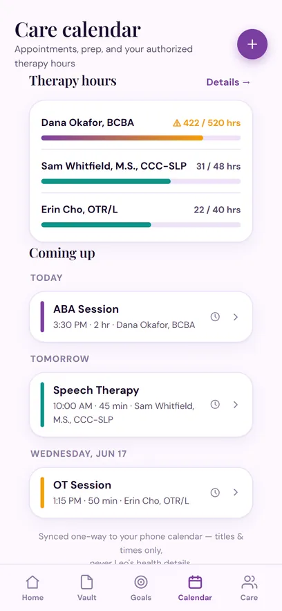 Care calendar screen