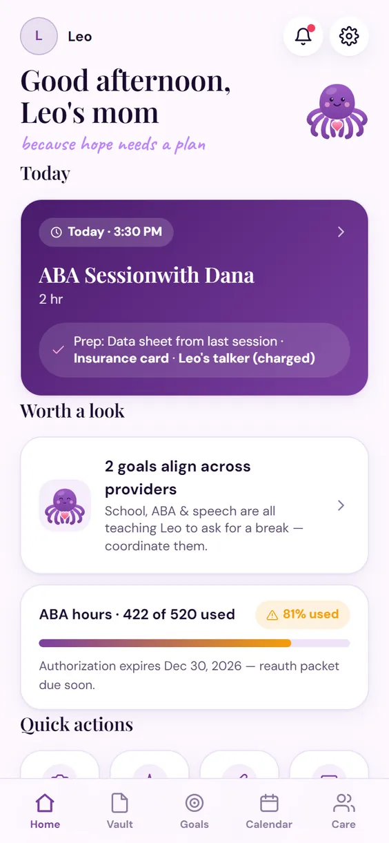 The Special Mom App home screen